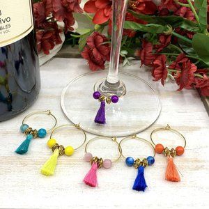 Set of 6 Gold Tassel and Beaded Wine Charms